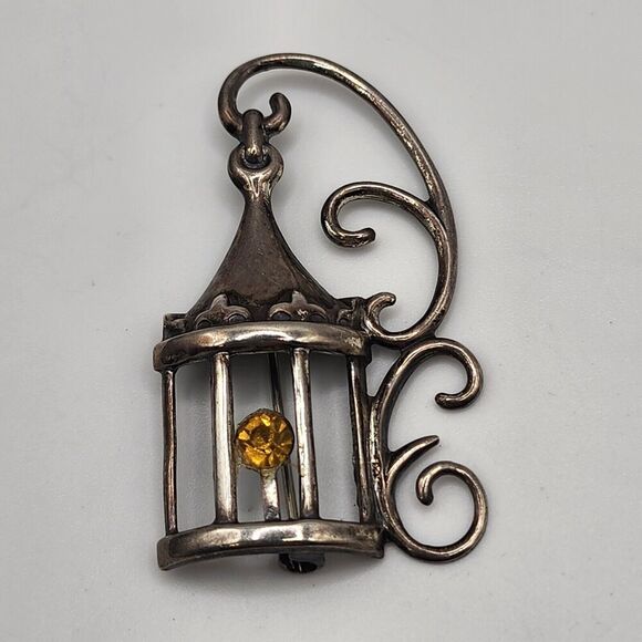 Vintage Lang Sterling Brooch Bird Cage Rhinestone - Picture 1 of 15